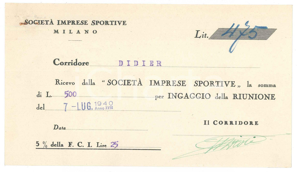 Autografo originale 1940 CICLISMO MILANO Ricevuta Christophe DIDIER  Ingaggio VIGORELLI Autografo 1