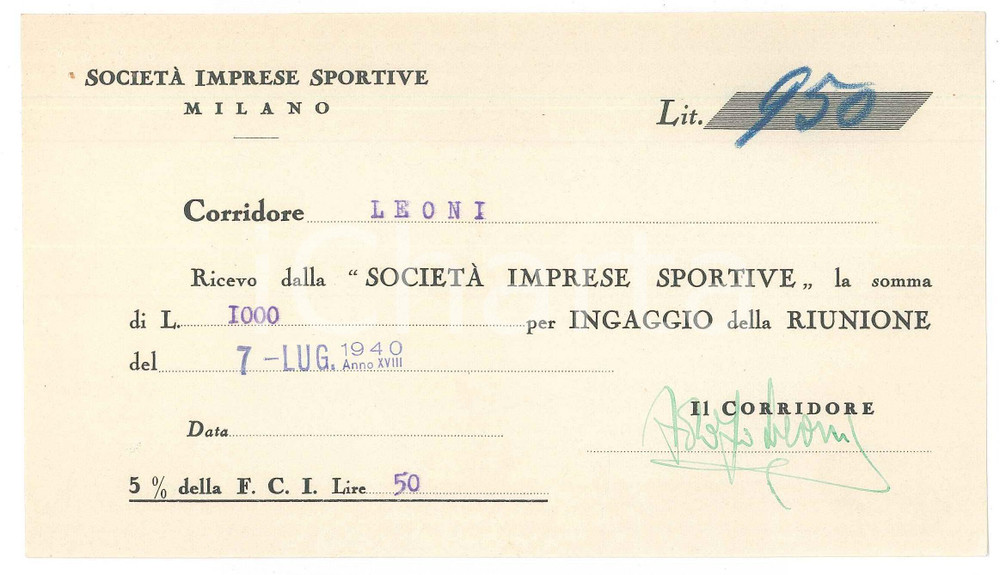 Autografo originale 1940 CICLISMO MILANO Ricevuta Adolfo LEONI  Ingaggio VIGORELLI Autografo 1