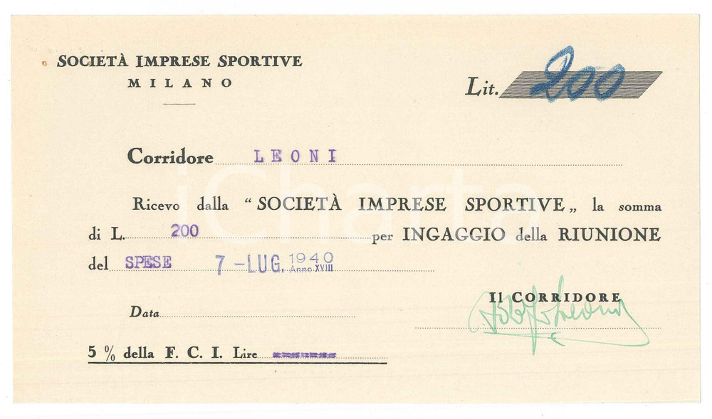 Autografo originale 1940 CICLISMO MILANO Ricevuta Adolfo LEONI  Ingaggio VIGORELLI Autografo 1