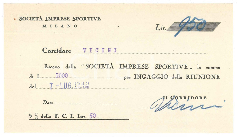 Autografo originale 1940 CICLISMO MILANO Ricevuta Mario VICINI  Ingaggio VIGORELLI Autografo 1