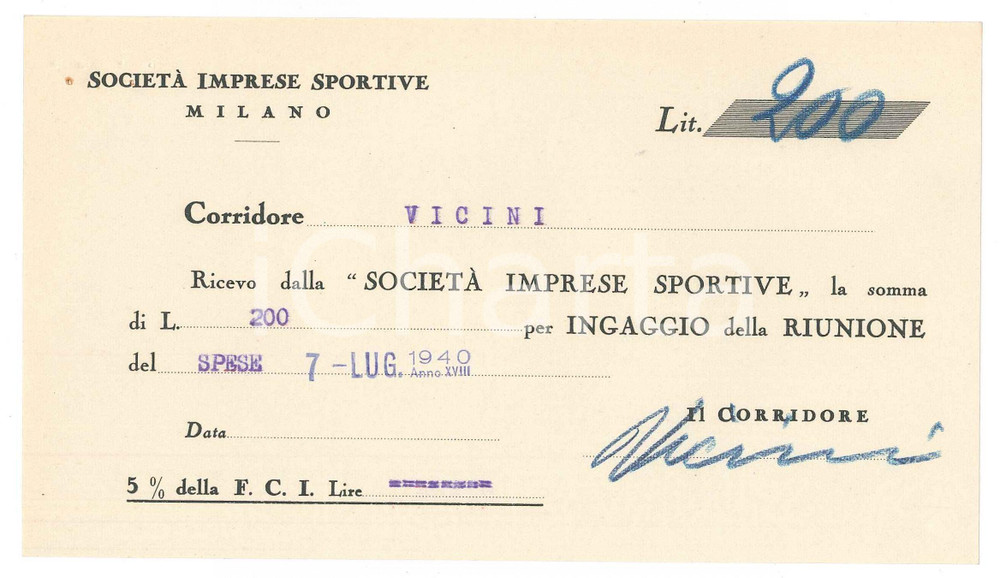 Autografo originale 1940 CICLISMO MILANO Ricevuta Mario VICINI  Ingaggio VIGORELLI Autografo 1