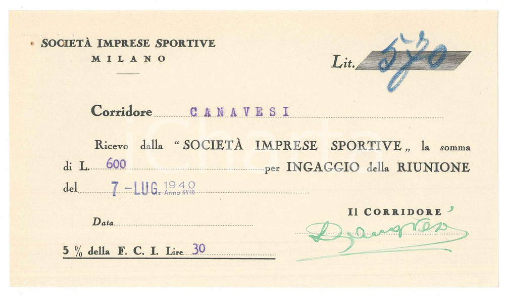 Autografo originale 1940 CICLISMO MILANO Ricevuta Severino CANAVESI  Ingaggio VIGORELLI Autografo 1