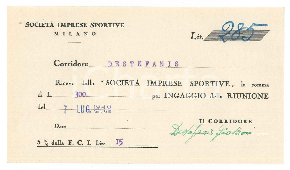 Autografo originale 1940 CICLISMO MILANO Ricevuta Giovanni DESTEFANIS ingaggio VIGORELLI Autografo 1