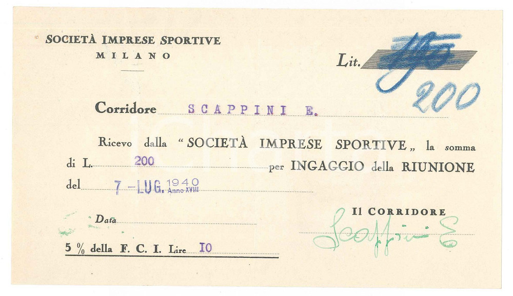 Autografo originale 1940 CICLISMO MILANO Ricevuta Edgar SCAPPINI per ingaggio VIGORELLI Autografo 1