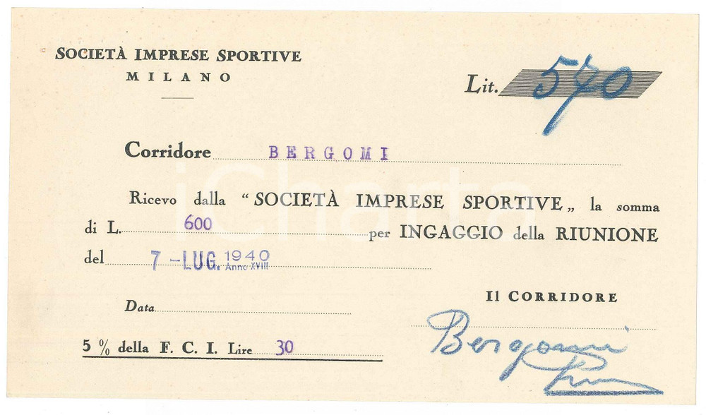 Autografo originale 1940 CICLISMO MILANO Ricevuta Primo BERGOMI per ingaggio VIGORELLI Autografo 1