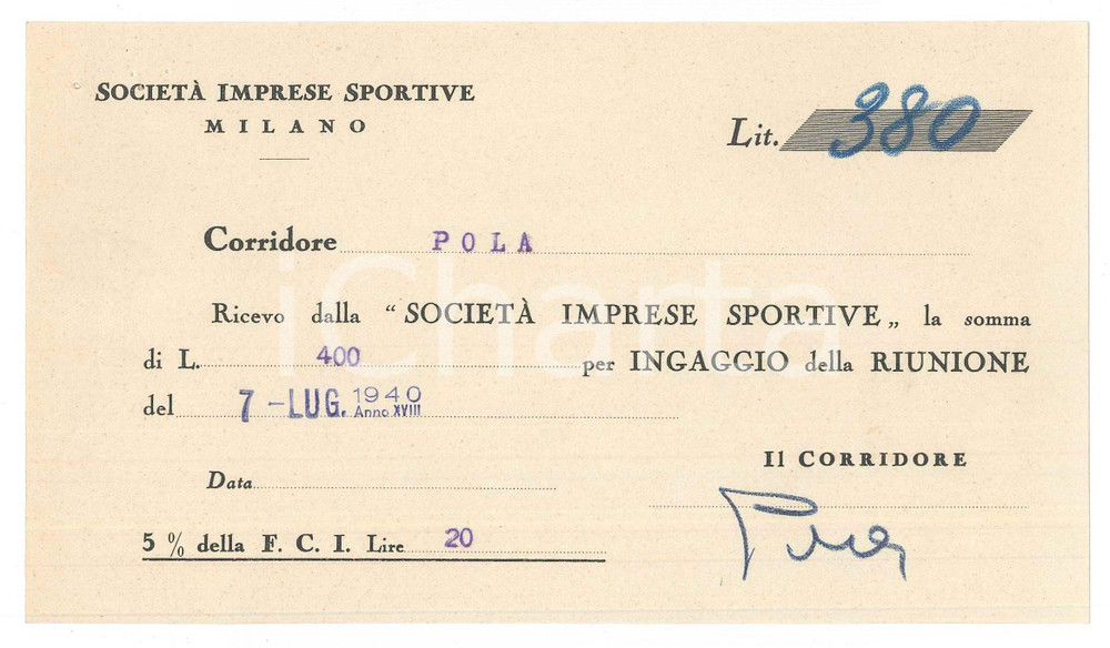 Autografo originale 1940 CICLISMO MILANO Ricevuta Benedetto POLA per ingaggio VIGORELLI AUTOGRAFO 1