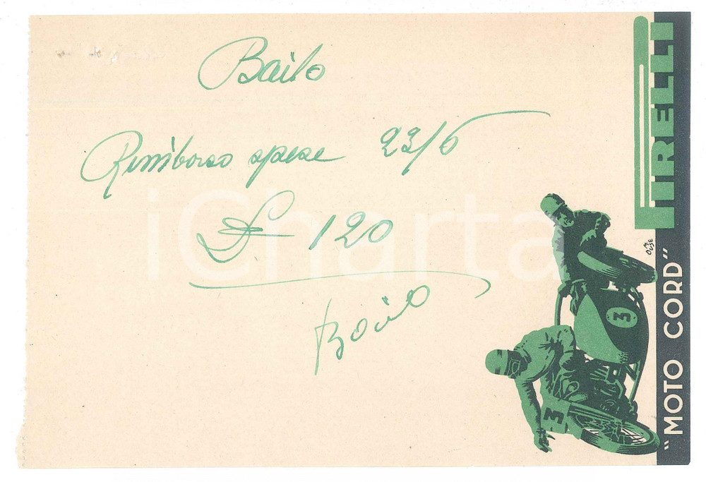 Autografo originale 1940 ca CICLISMO Autografo Osvaldo BAILO su ricevuta PIRELLI moto cord 1