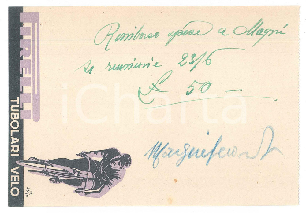 1940 ca CICLISMO Autografo Secondo MAGNI su ricevuta PIRELLI tubolari velo