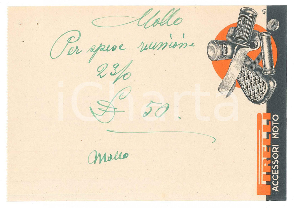 Autografo originale 1940 ca CICLISMO Autografo Enrico MOLLO su ricevuta PIRELLI accessori moto 1