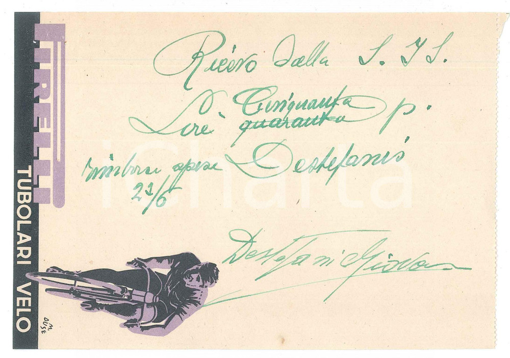 Autografo originale 1940 ca CICLISMO Autografo Giovanni DESTEFANIS su ricevuta PIRELLI tubolari velo 1