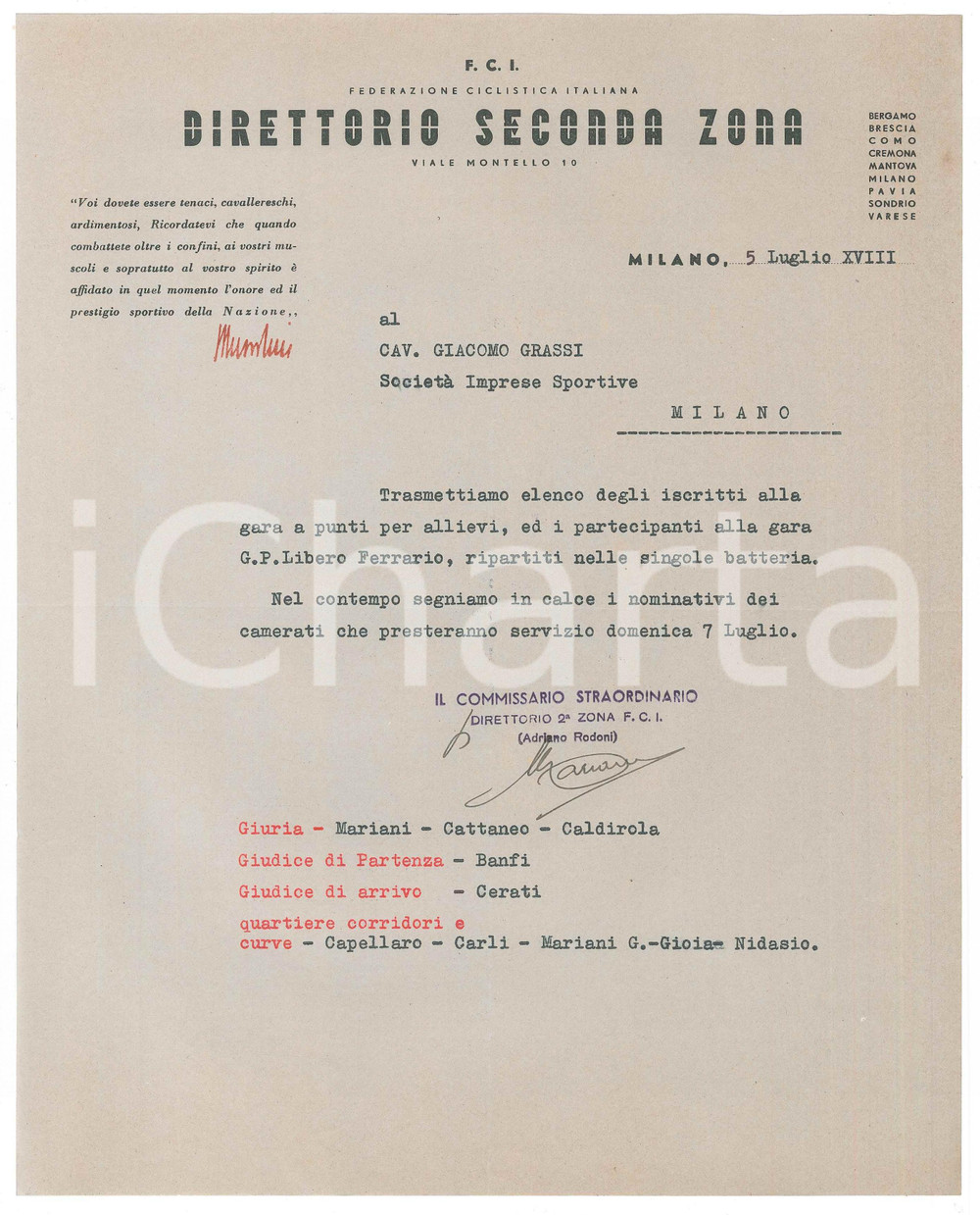 Documento originale, autentico 1940 CICLISMO MILANO Lettera Direttorio Seconda Zona  Camerati in servizio 1