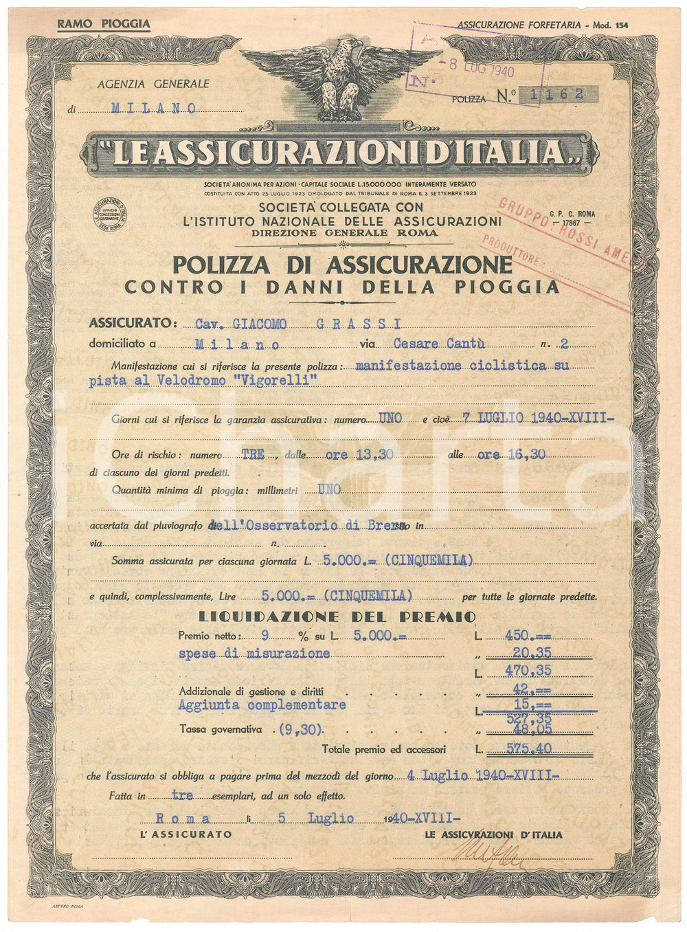 Documento originale, autentico 1940 ASSICURAZIONI D ITALIA Assicurazione pioggia  Gara CICLISMO Vigorelli 1 1