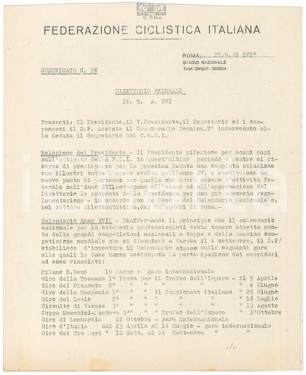 Documento originale, autentico 1938 CONI Federazione Ciclistica Italiana GIRO DEI TRE MARI Comunicato n. 26 1