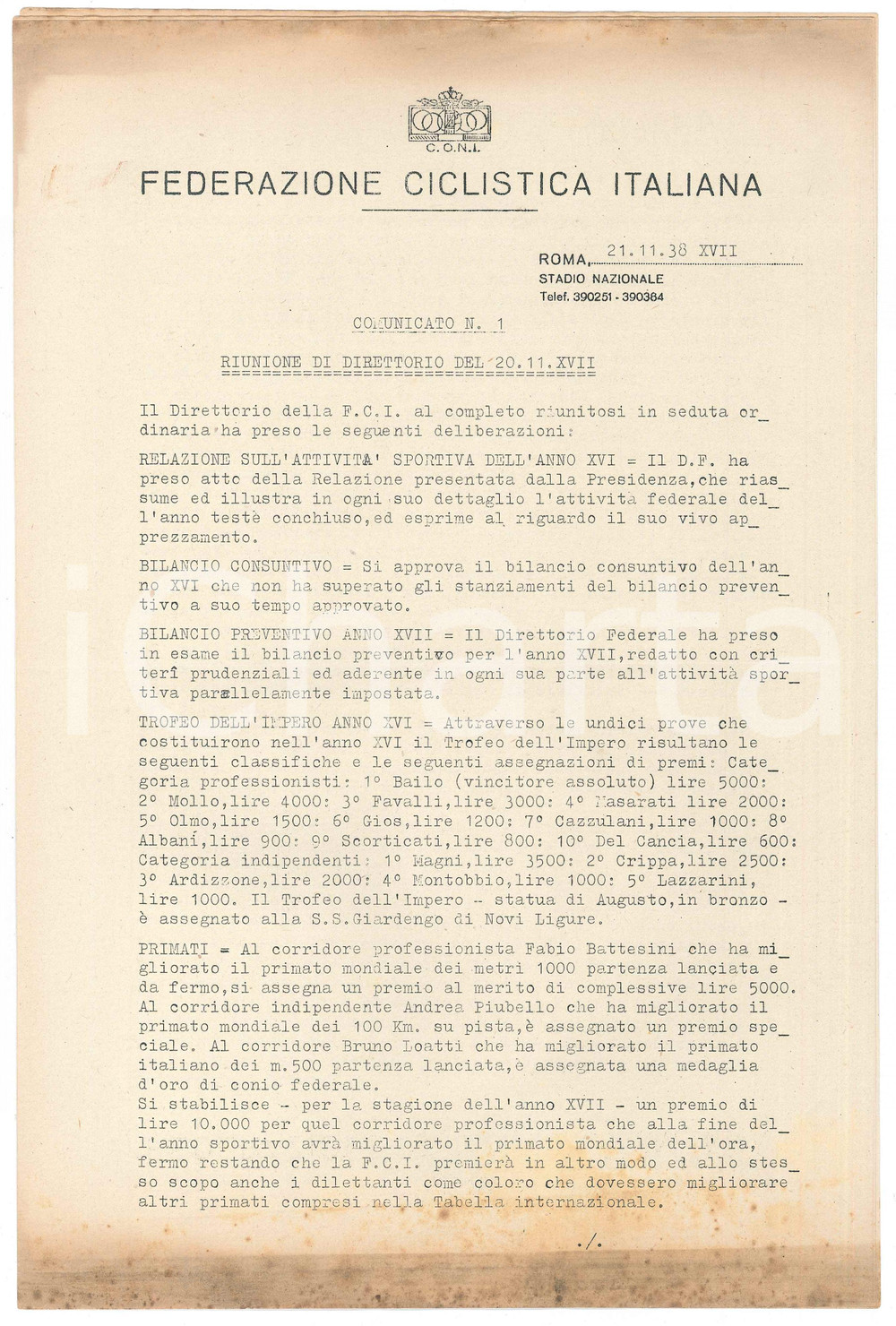 Documento originale, autentico 1938 CONI Federazione Ciclistica Italiana CT Costante GIRARDENGO Lettera 1