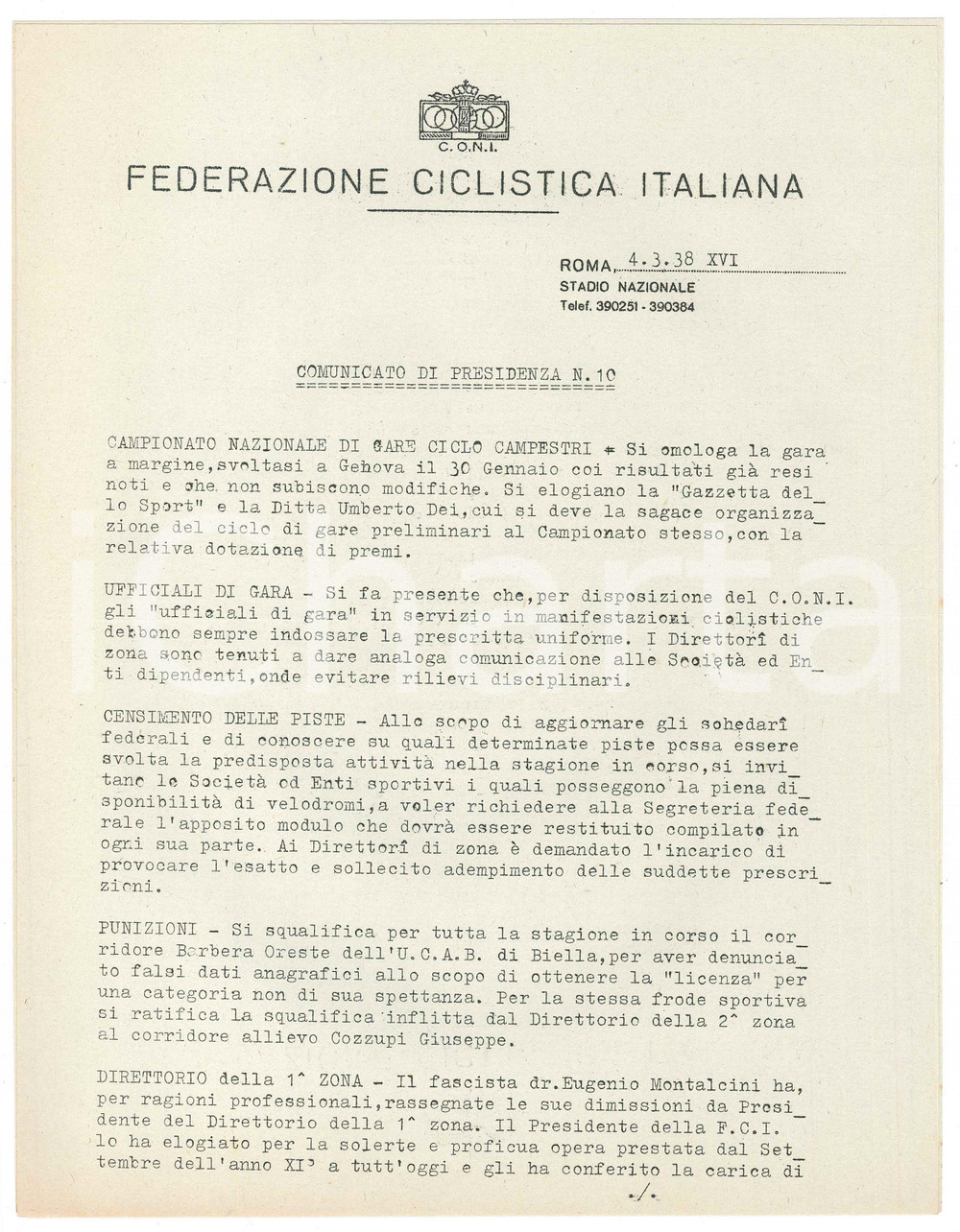 Documento originale, autentico 1938 CONI Federazione Ciclistica Italiana XX Zona  Africa Orientale Comunicato 1