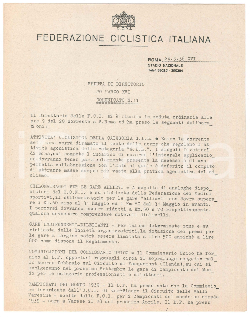 Documento originale, autentico 1938 CONI Federazione Ciclistica Italiana VELODROMO APPIO Comunicato n.11 1