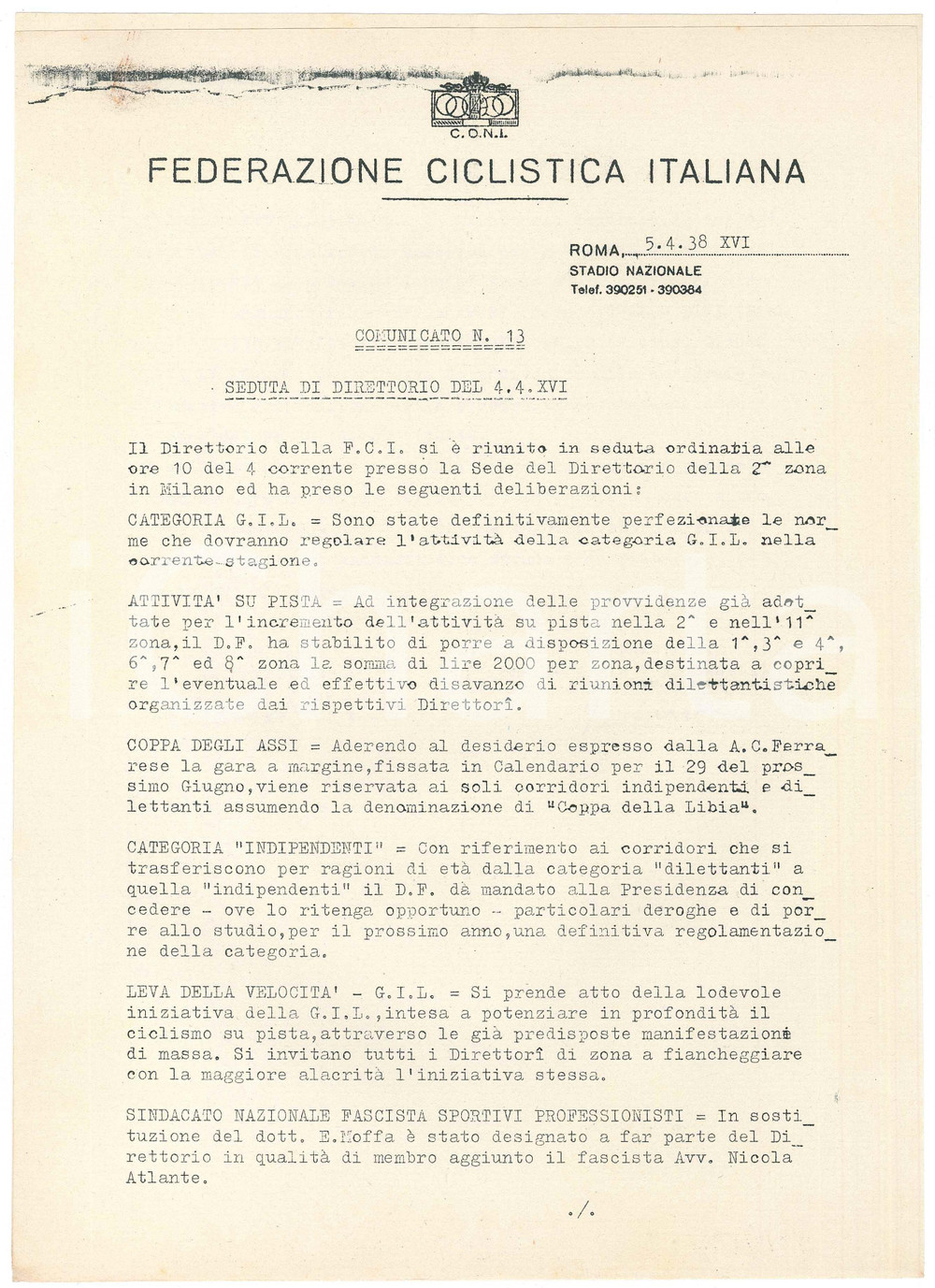 Documento originale, autentico 1938 CONI Federazione Ciclistica Italiana BARTALI a Giro di Francia  Comunicato 1