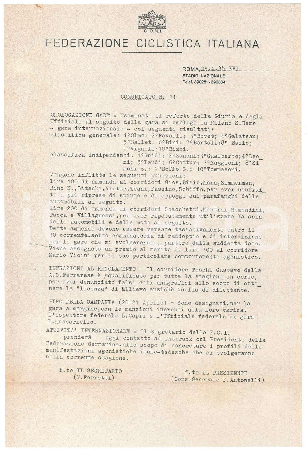 Documento originale, autentico 1938 CONI Federazione Ciclistica Italiana  Gara MILANO  SANREMO Comunicato 1