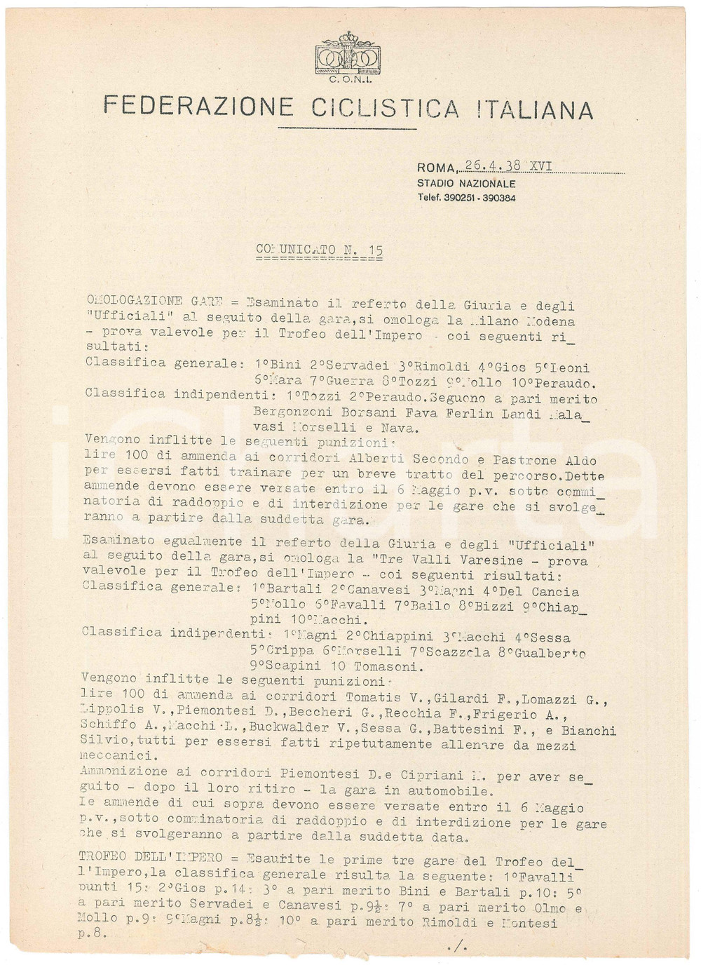 Documento originale, autentico 1938 CONI Federazione Ciclistica Italiana TRE VALLI VARESINE Comunicato n.15 1
