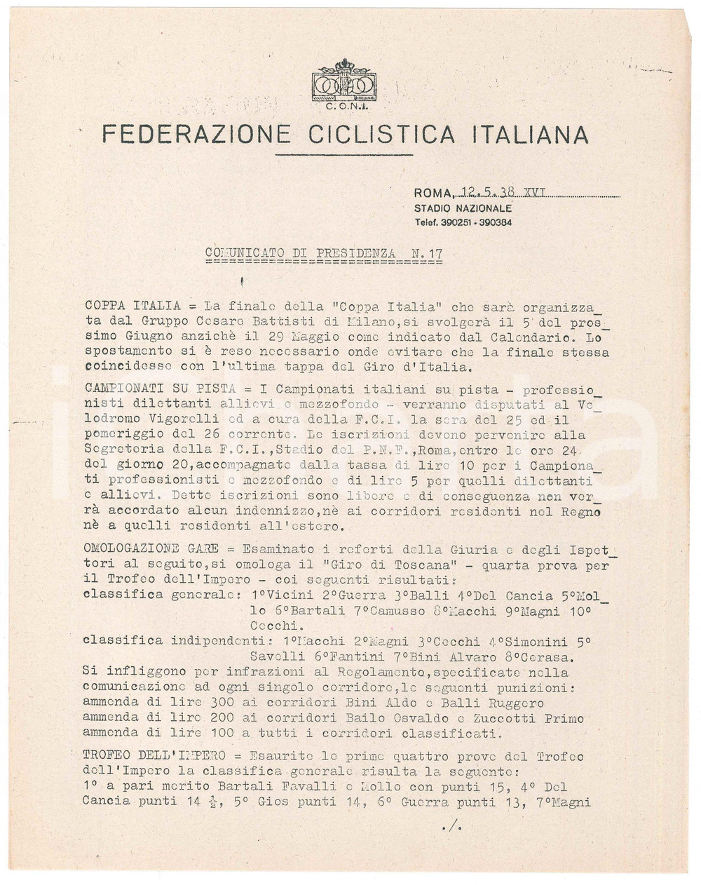 1938 CONI Federazione Ciclistica Italiana - Medaglia a Giulio ROSSI Comunicato