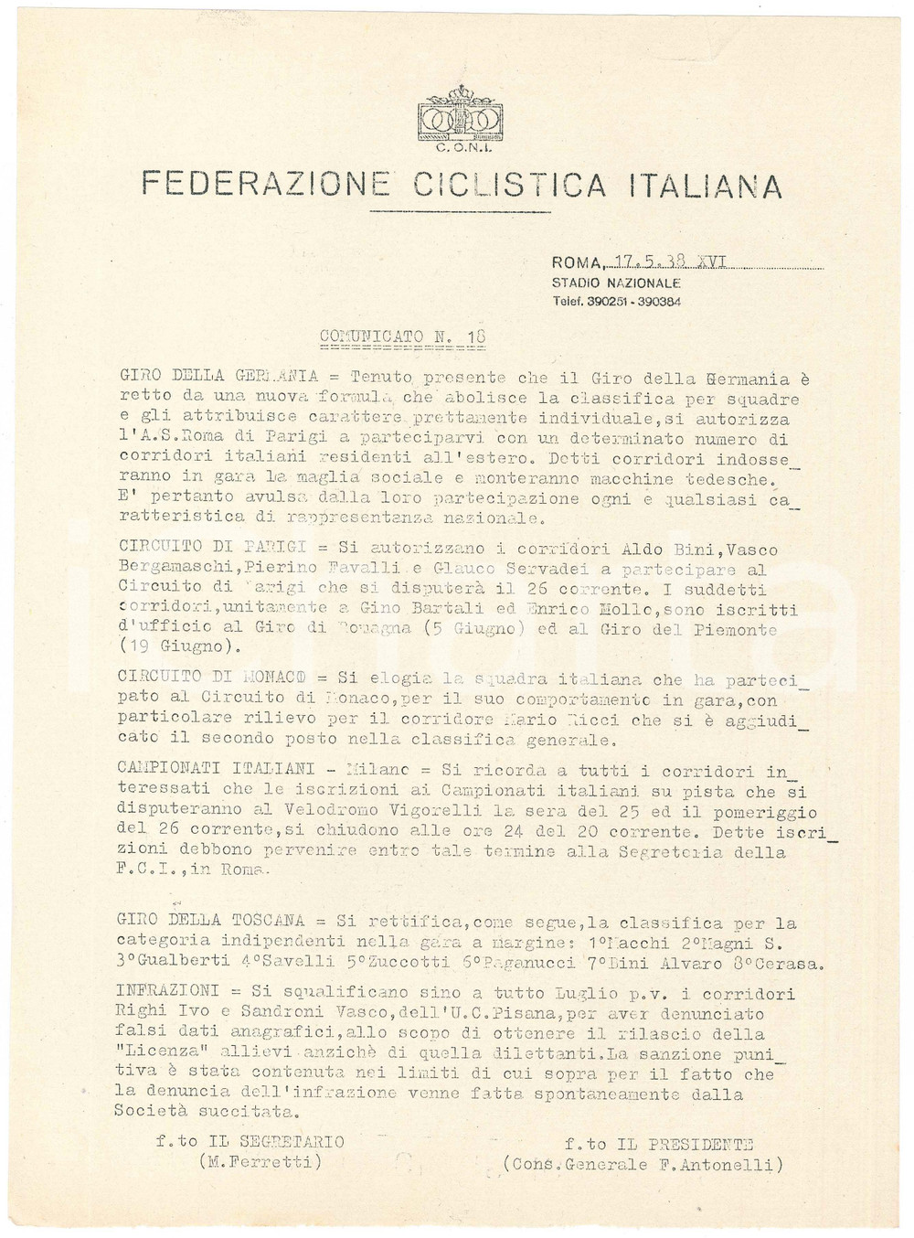 Documento originale, autentico 1938 CONI Federazione Ciclistica Italiana GIRO DELLA GERMANIA Comunicato n.18 1