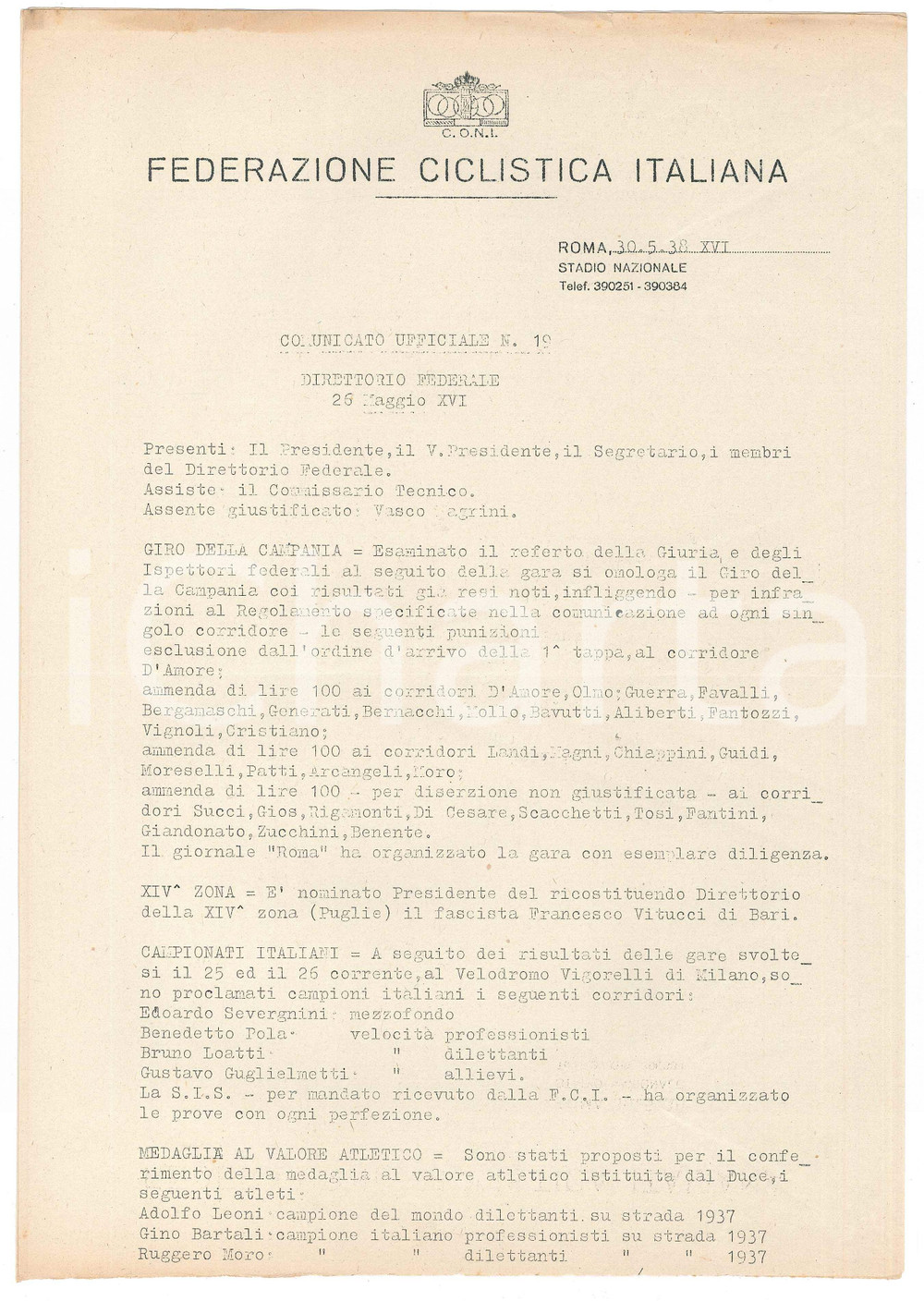 Documento originale, autentico 1938 CONI Federazione Ciclistica Italiana GIRO DELLA CAMPANIA Comunicato n.19 1