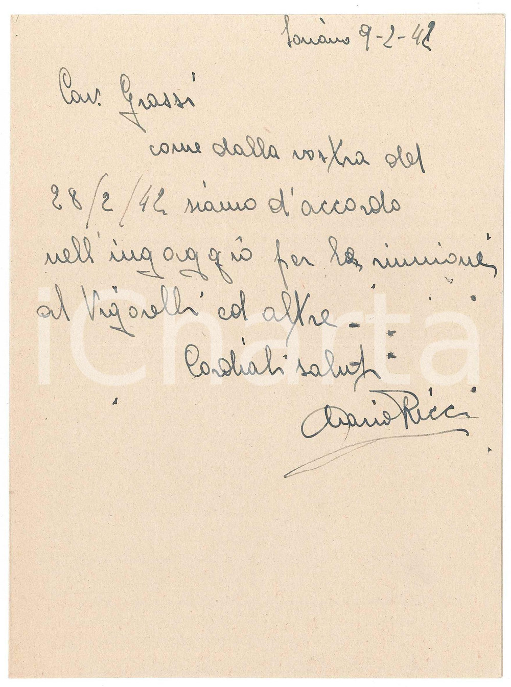 Autografo originale 1942 CICLISMO SORIANO Lettera Mario RICCI per ingaggio al Vigorelli  AUTOGRAFO 1