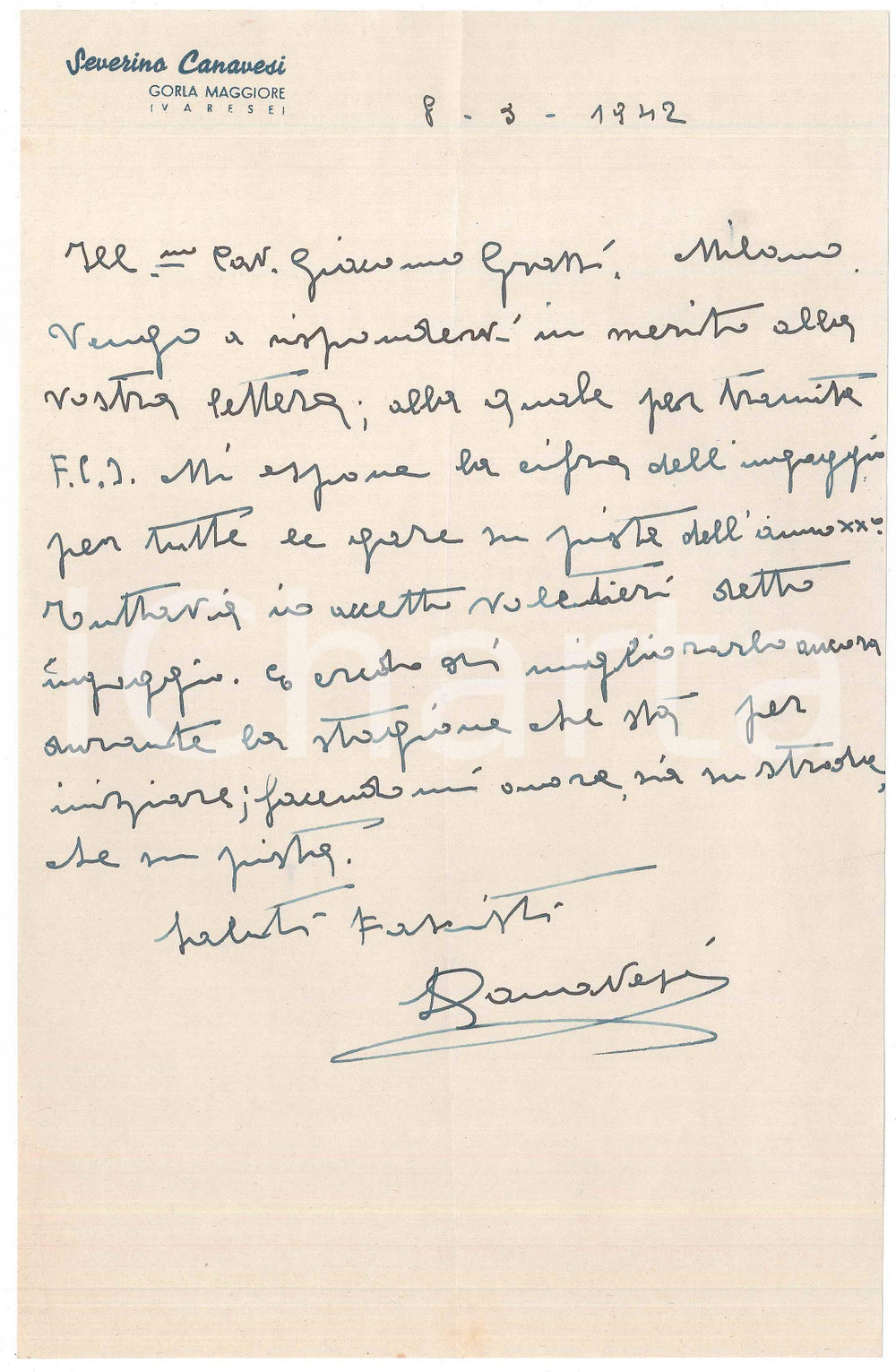 Autografo originale 1942 CICLISMO GORLA MAGGIORE Severino CANAVESI accetta ingaggio  AUTOGRAFO 1