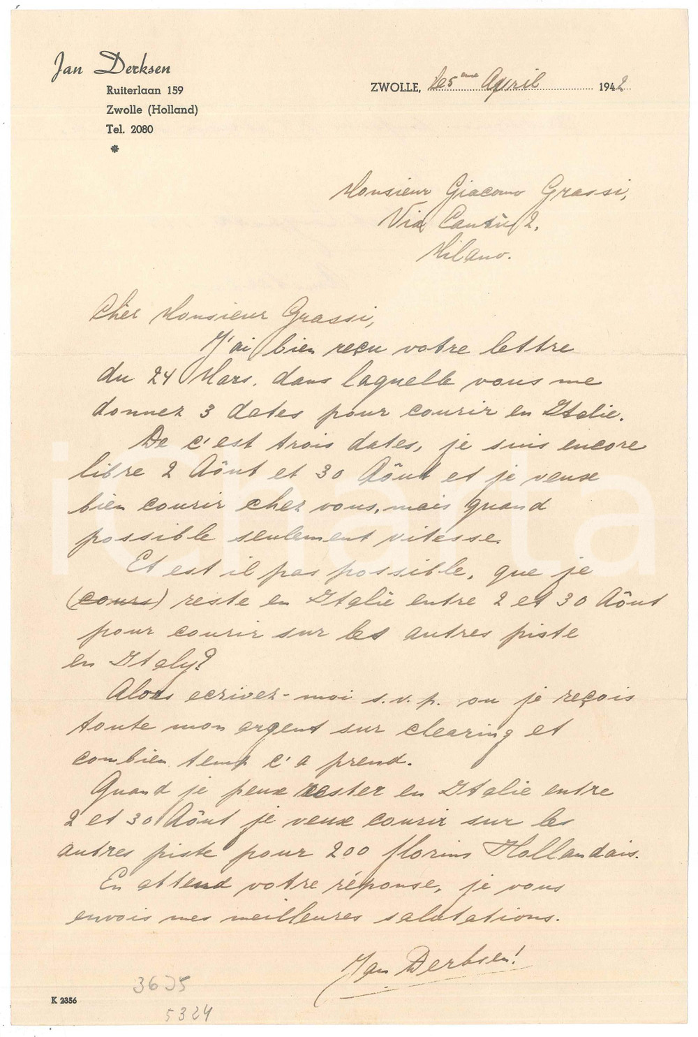 Autografo originale 1942 CICLISMO ZWOLLE HOLLAND Jan DERKSEN per ingaggio in Italia AUTOGRAFO 1