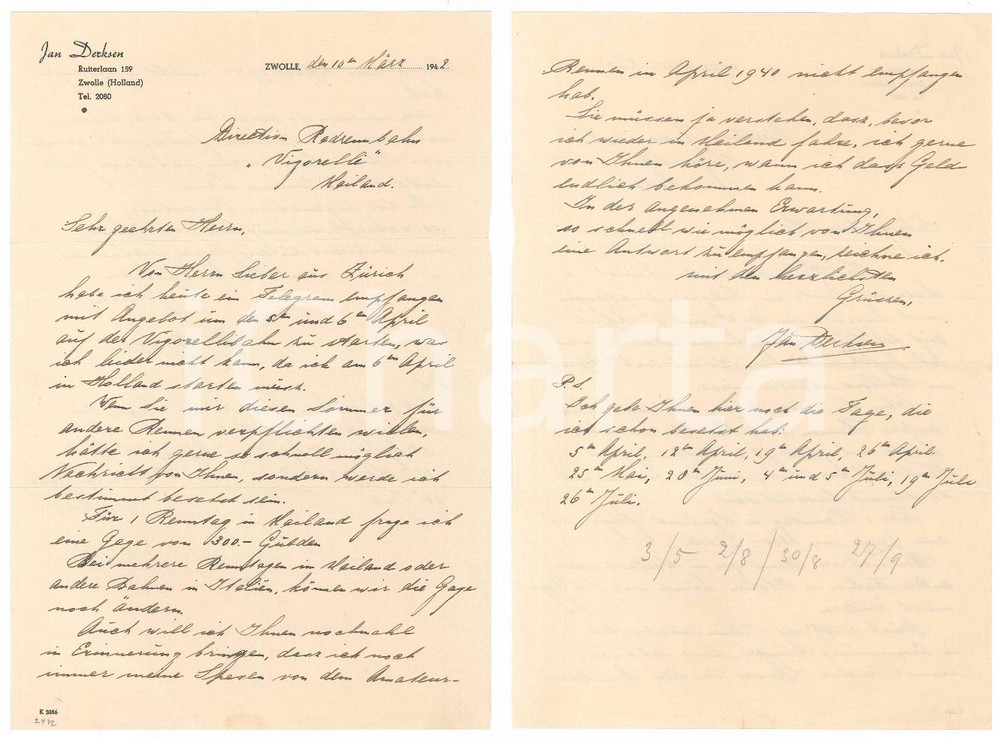 Autografo originale 1942 CICLISMO ZWOLLE HOLLAND Jan DERKSEN per ingaggio in Italia AUTOGRAFO 1