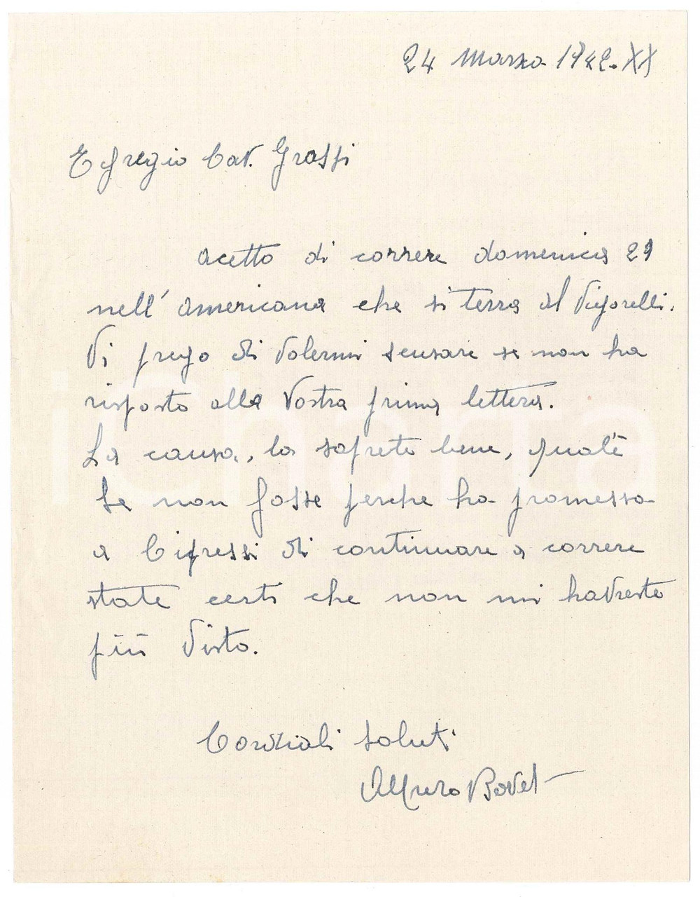 Autografo originale 1942 CICLISMO LOANO Alfredo BOVET accetta americana al Vigorelli  AUTOGRAFO 1