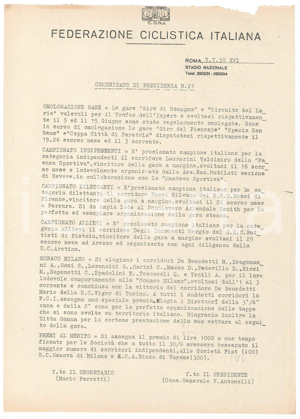 Documento originale, autentico 1938 CONI Federazione Ciclistica Italiana  Gara MONACO  MILANO Comunicato 1