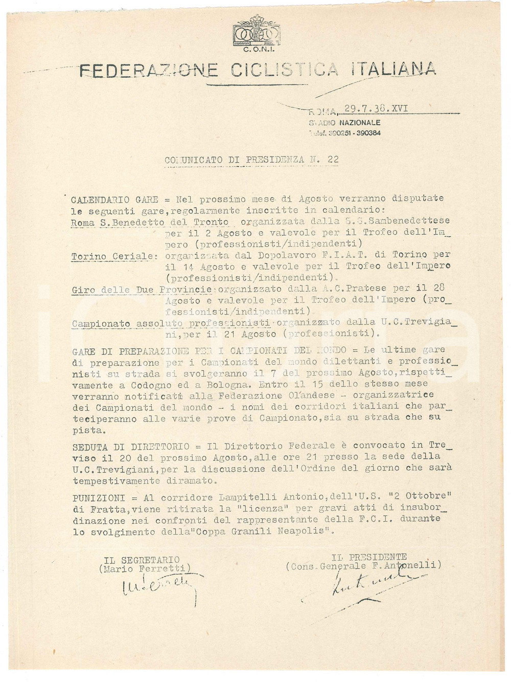 Documento originale, autentico 1938 CONI Federazione Ciclistica Italiana  Gara TORINO  CERIALE Comunicato 1