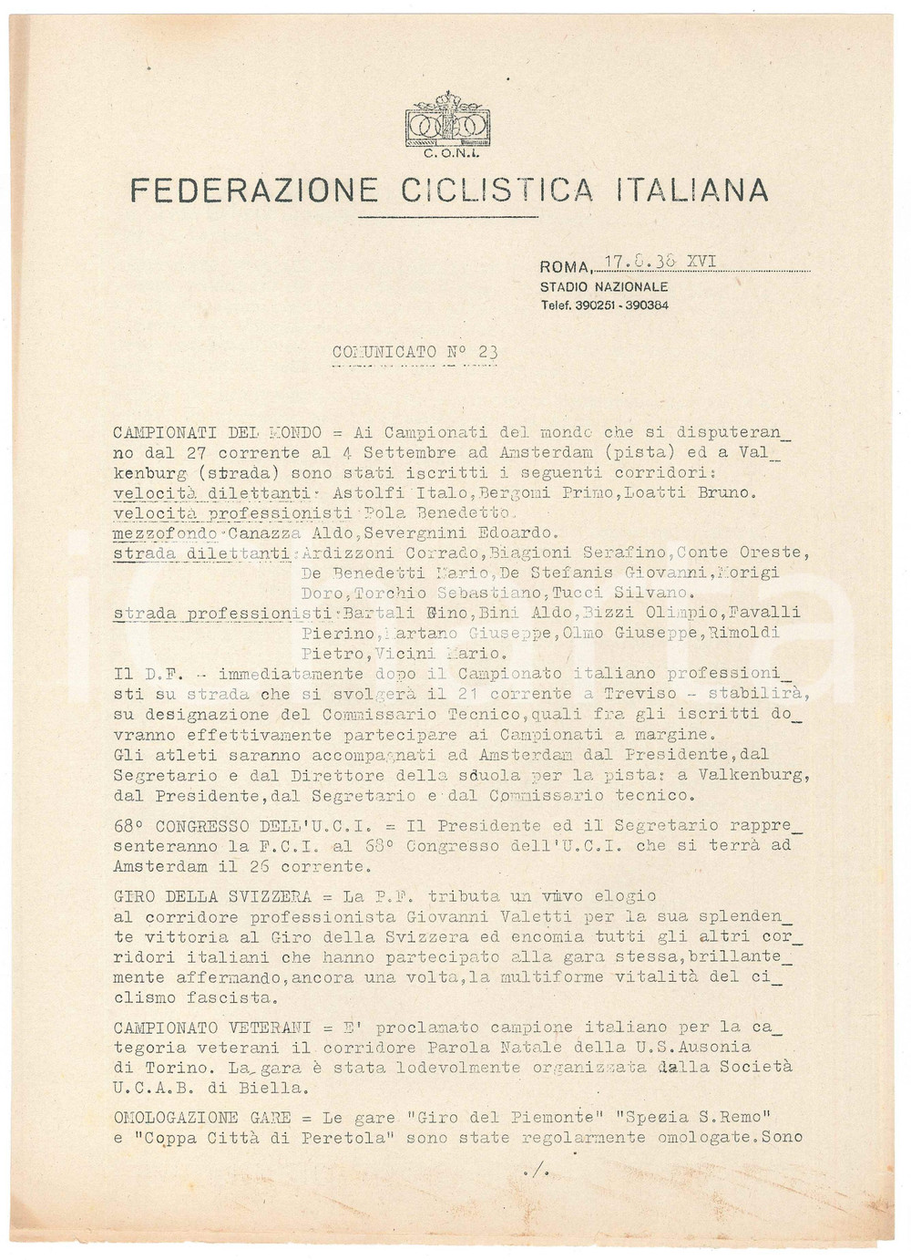 Documento originale, autentico 1938 CONI Federazione Ciclistica Italiana  Giro della SVIZZERA Comunicato n.23 1