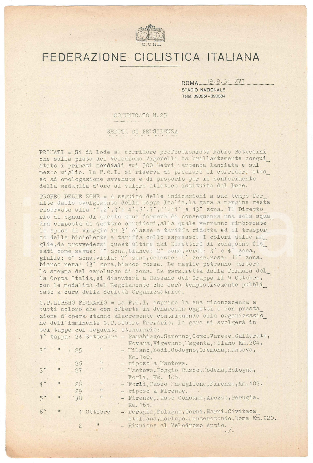 Documento originale, autentico 1938 CONI Federazione Ciclistica Italiana  Inno Giovinezza  Comunicato n.25 1