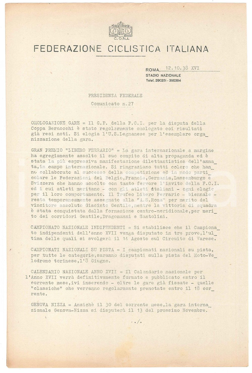Documento originale, autentico 1938 CONI Federazione Ciclistica Italiana Gran Premio Libero FERRARIO Comunicato 1