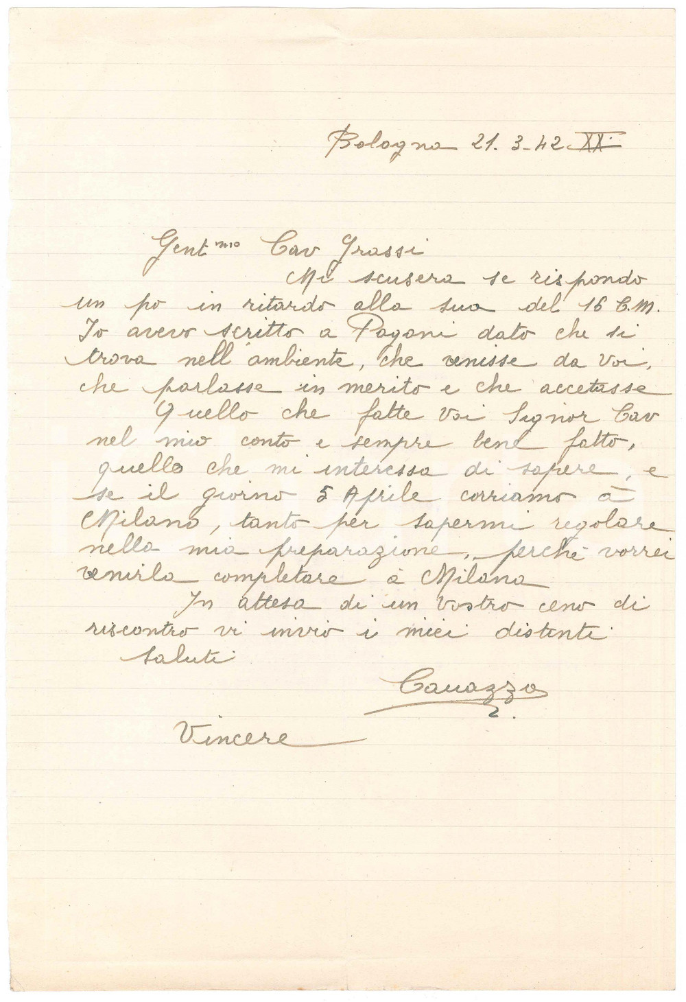 Autografo originale 1942 CICLISMO Lettera ciclista Aldo CANAZZA per gara a Milano  AUTOGRAFO 1