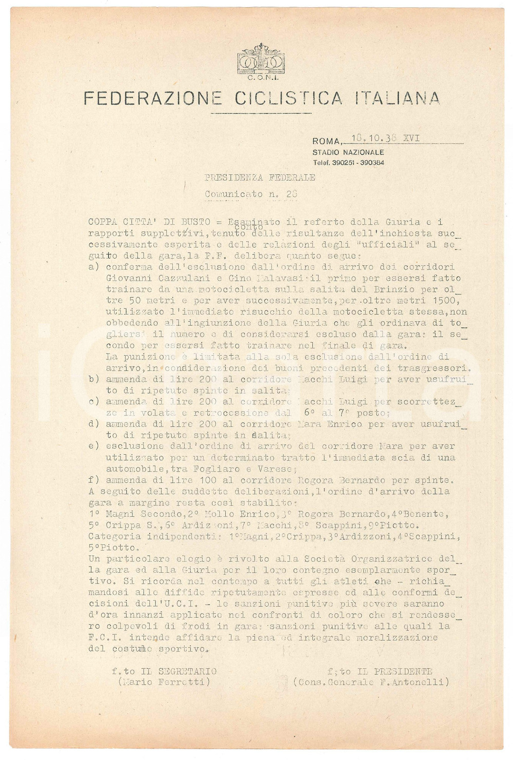 Documento originale, autentico 1938 CONI Federazione Ciclistica Italiana  Coppa cittÃ  BUSTO ARSIZIO Comunicato 1
