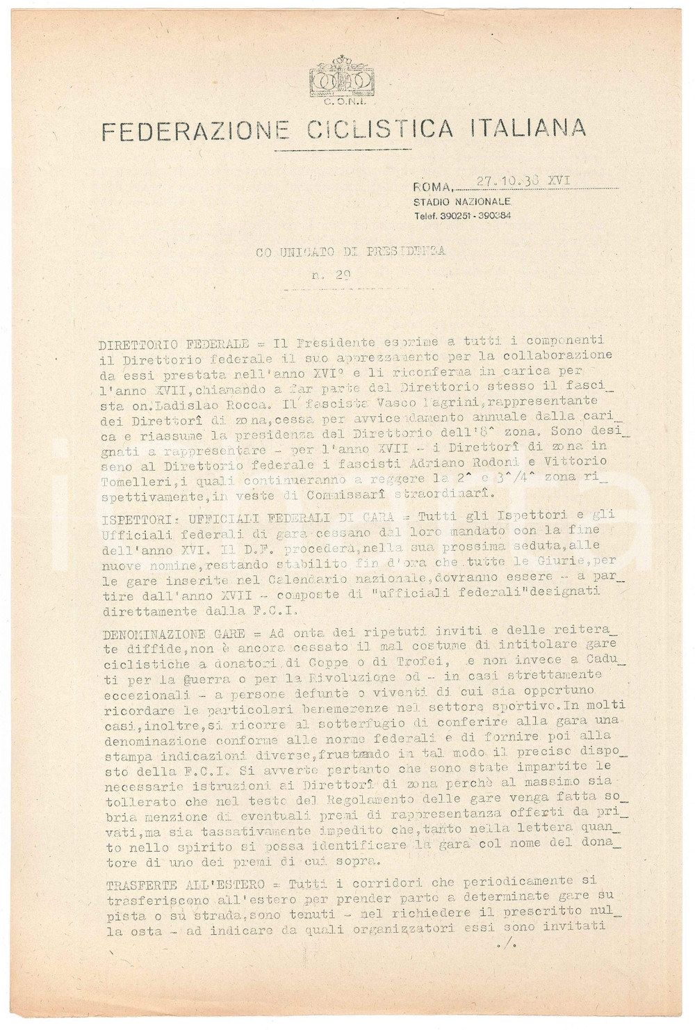 Documento originale, autentico 1938 CONI Federazione Ciclistica Italiana  Trofeo delle zone  Comunicato n.29 1