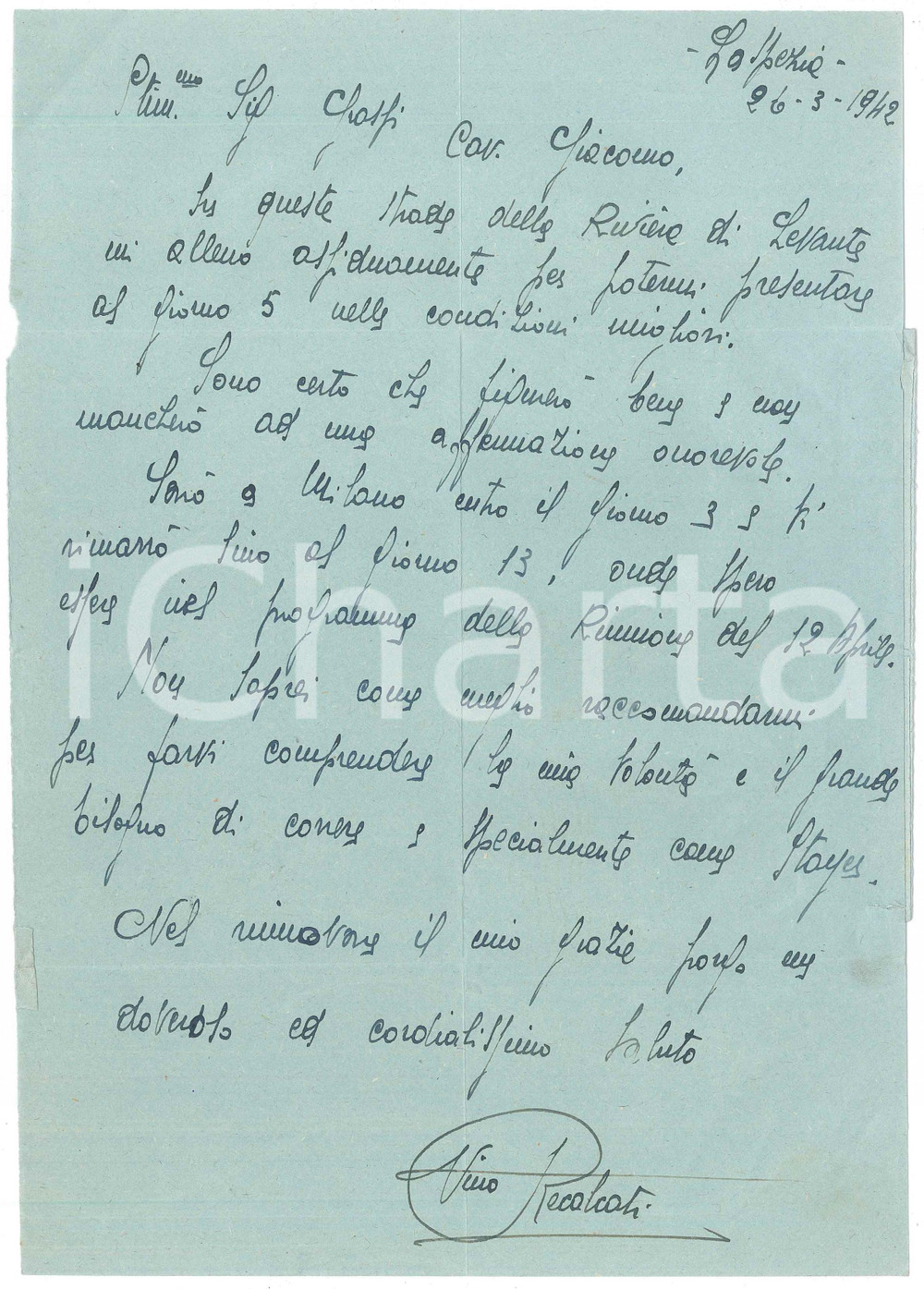 Autografo originale 1942 CICLISMO LA SPEZIA Nino RECALCATI disponibile per ingaggio AUTOGRAFO 1