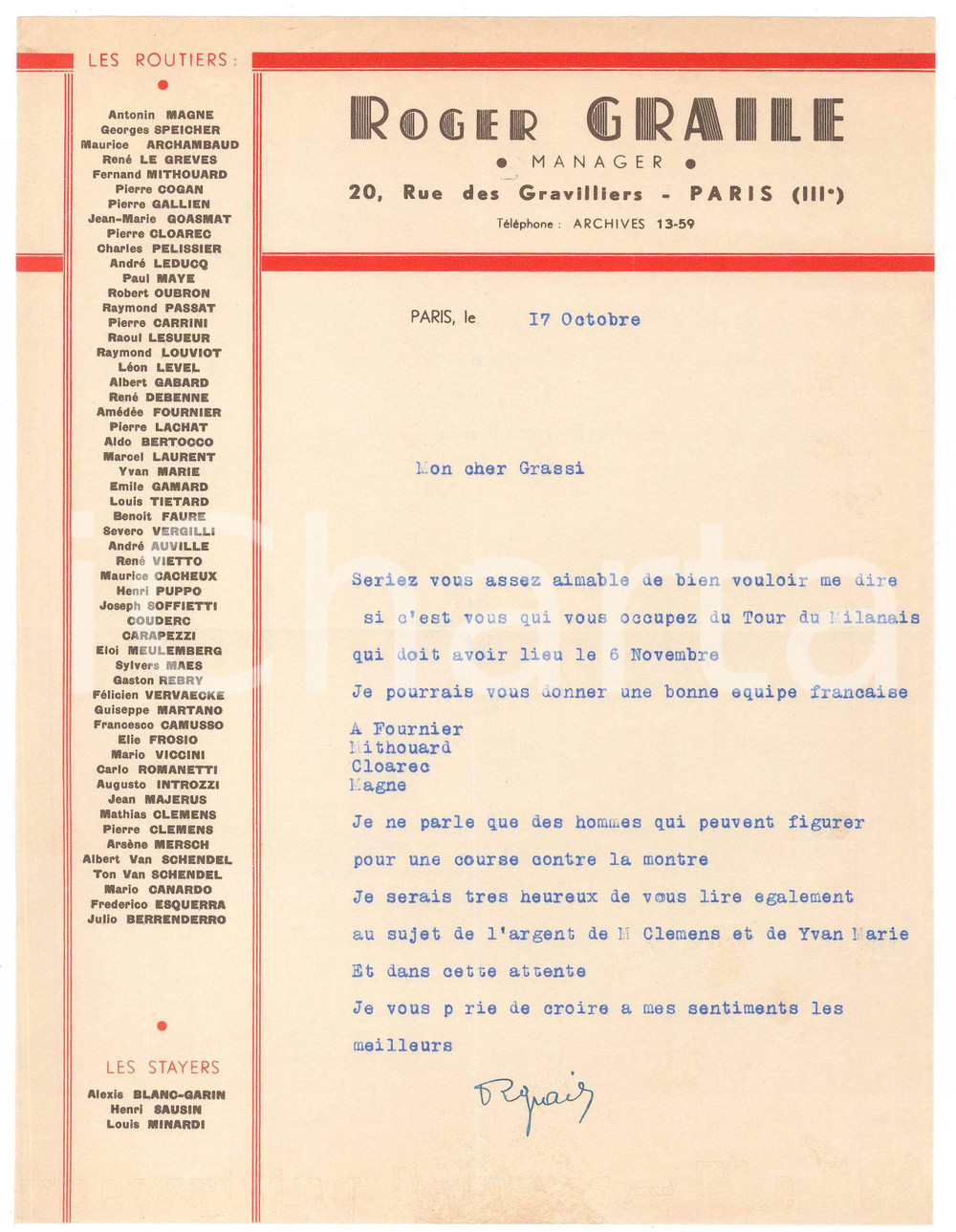 Autografo originale 1938 PARIS CICLISMO Roger GRAILE propone corridori per gara Milano AUTOGRAFO 1