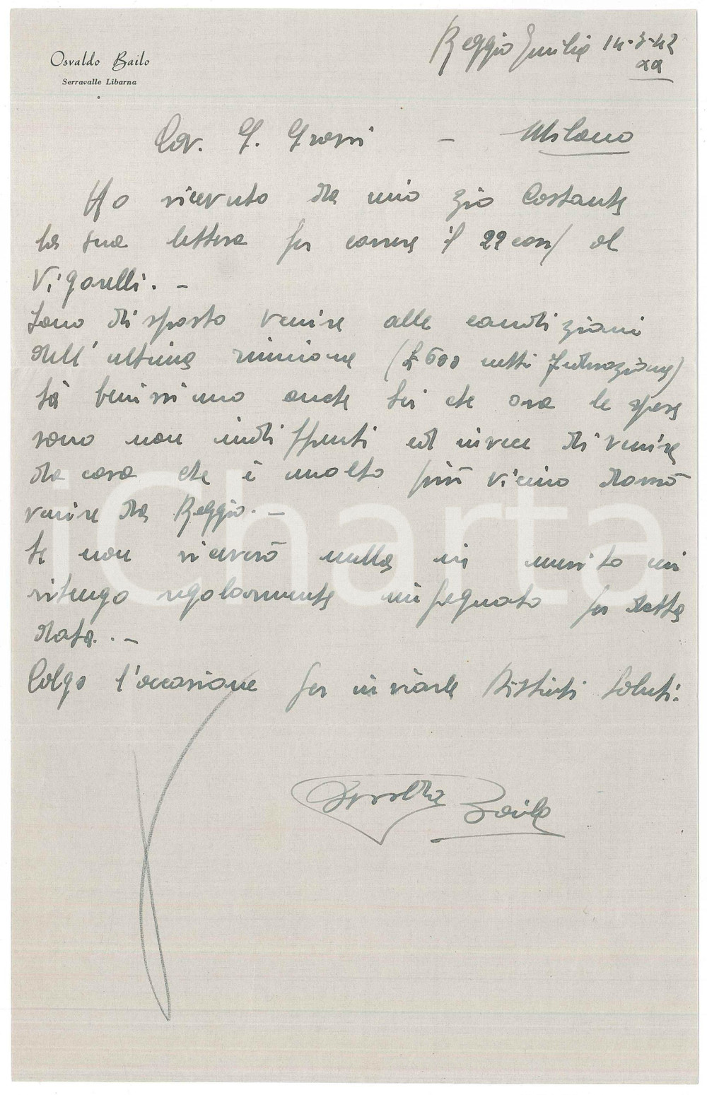 Autografo originale 1942 CICLISMO SERRAVALLE SCRIVIA Lettera Osvaldo BAILO per ingaggio  AUTOGRAFO 1