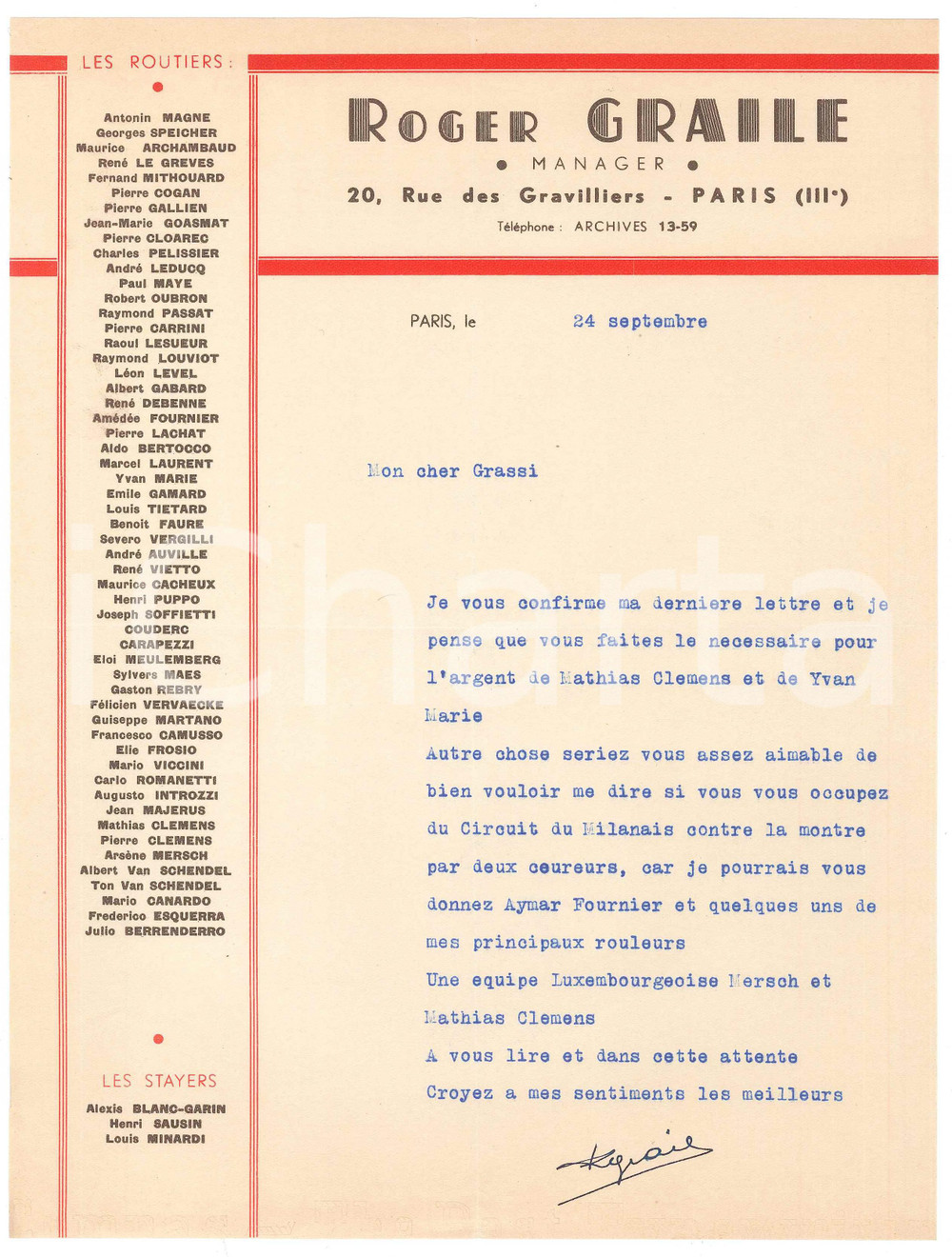 Autografo originale 1938 PARIS CICLISMO Roger GRAILE su corridori per circuito di Milano AUTOGRAFO 1