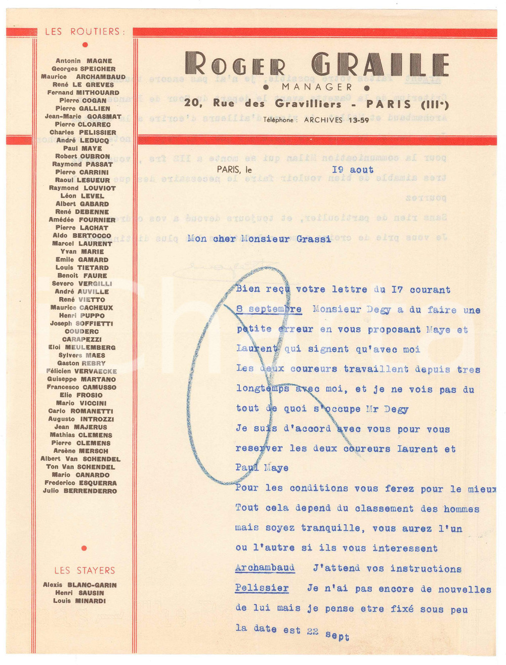 Autografo originale 1938 PARIS CICLISMO Roger GRAILE su ingaggio Paul MAYE e LAURENT AUTOGRAFO 1