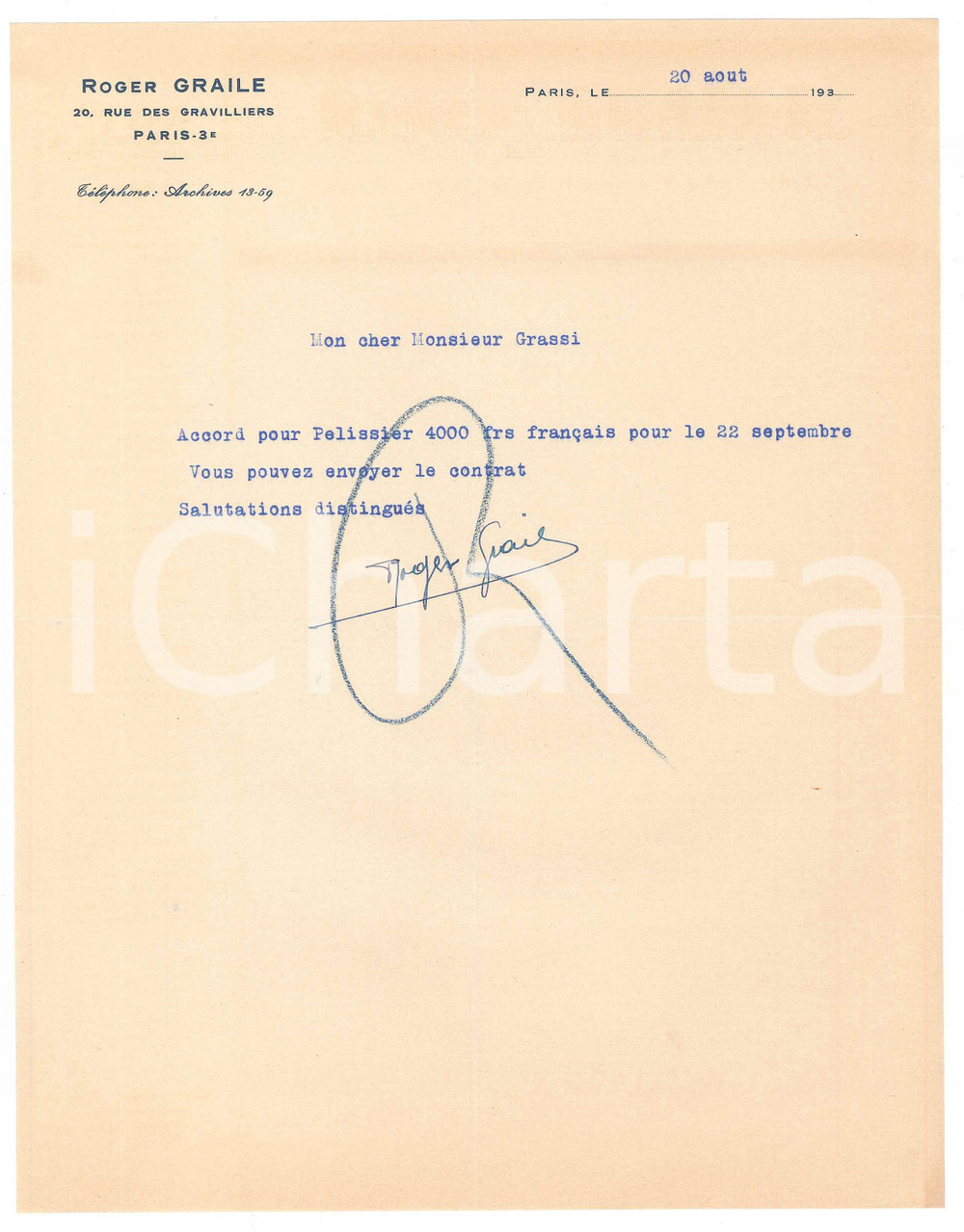 Autografo originale 1938 PARIS CICLISMO Roger GRAILE su accordo per Charles PELISSIER AUTOGRAFO 1