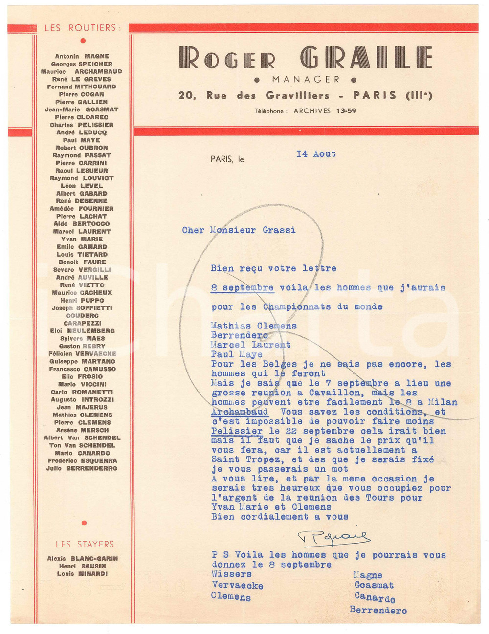 Autografo originale 1938 PARIS CICLISMO Roger GRAILE  Elenco ciclisti per mondiali AUTOGRAFO 1