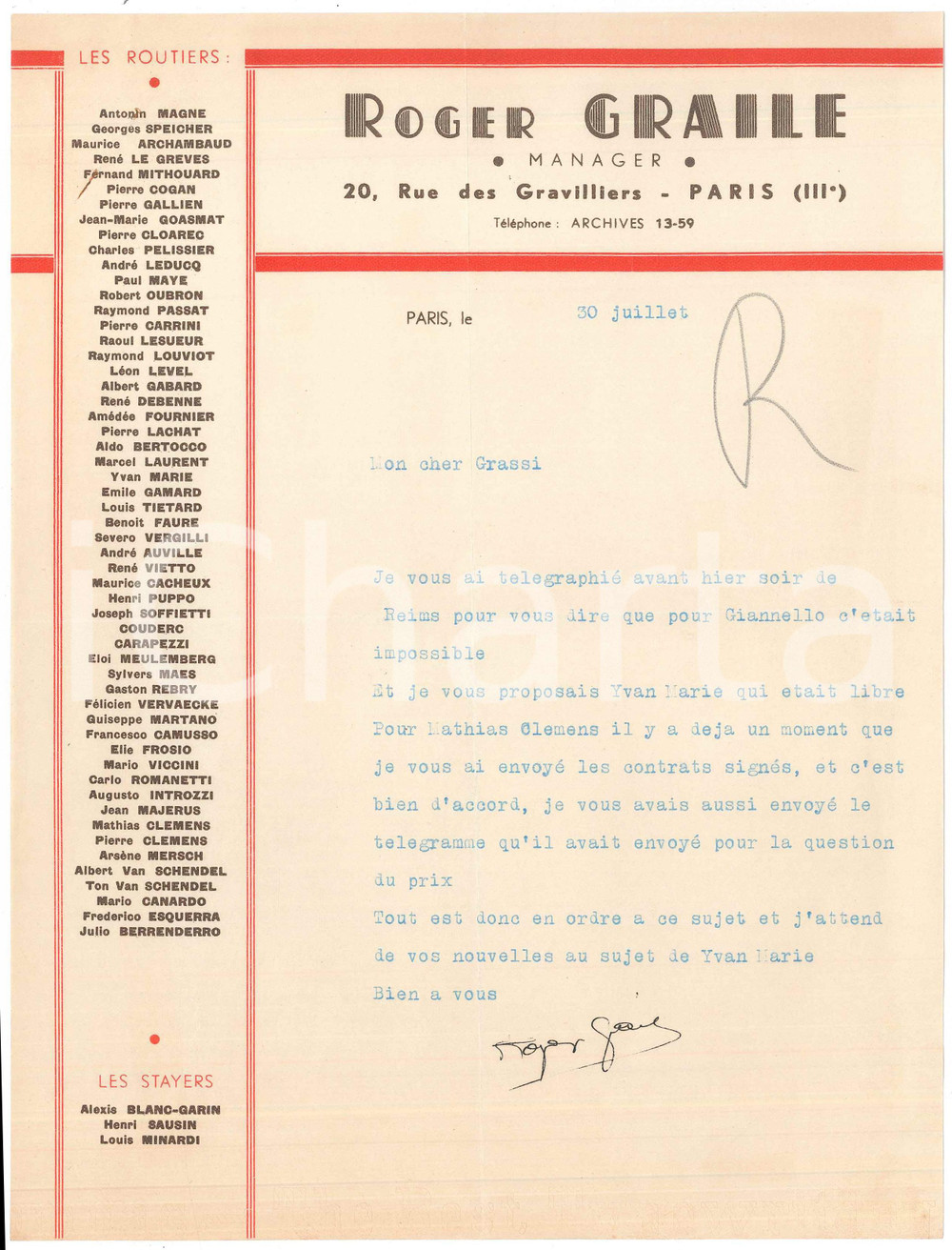 Autografo originale 1938 PARIS CICLISMO Roger GRAILE su corridori liberi per gara  AUTOGRAFO 1
