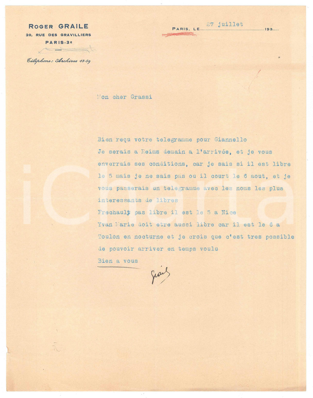 Autografo originale 1938 PARIS CICLISMO Lettera Roger GRAILE su corridori liberi per gara AUTOGRAFO 1