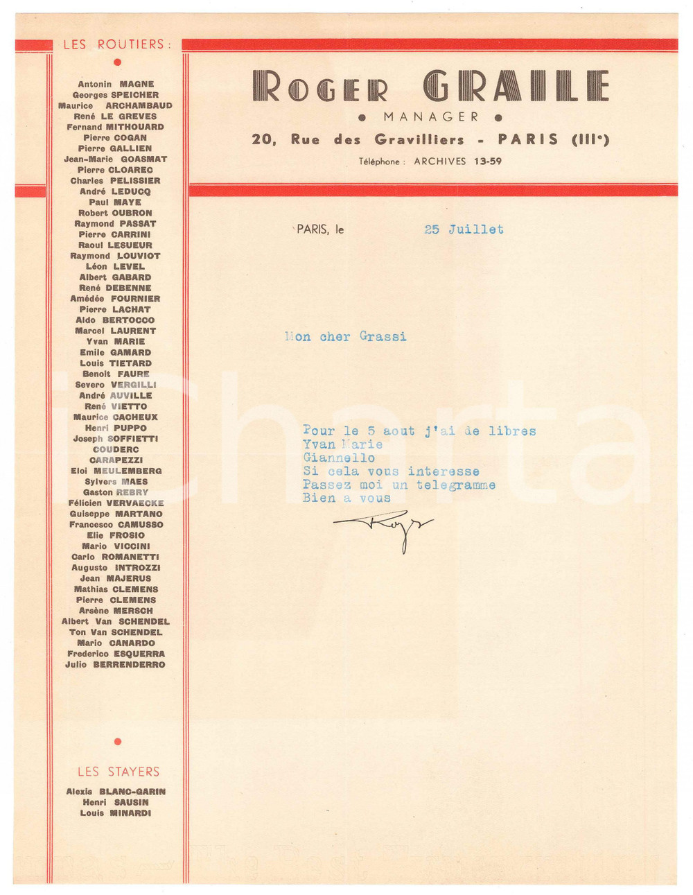 Autografo originale 1938 PARIS CICLISMO Roger GRAILE su corridori liberi in agosto AUTOGRAFO 1