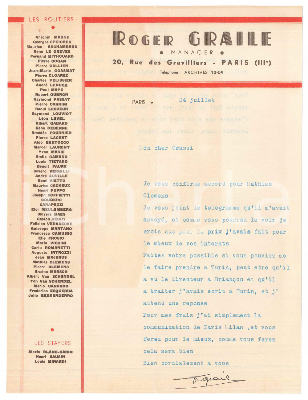 Autografo originale 1938 PARIS CICLISMO Roger GRAILE su gara Mathias CLEMENS a Torino AUTOGRAFO 1
